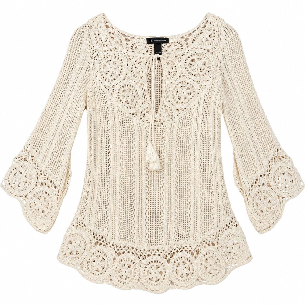 INC International Concepts Women’s S Cream Crochet Boho Tassel Flared Sleeve Top